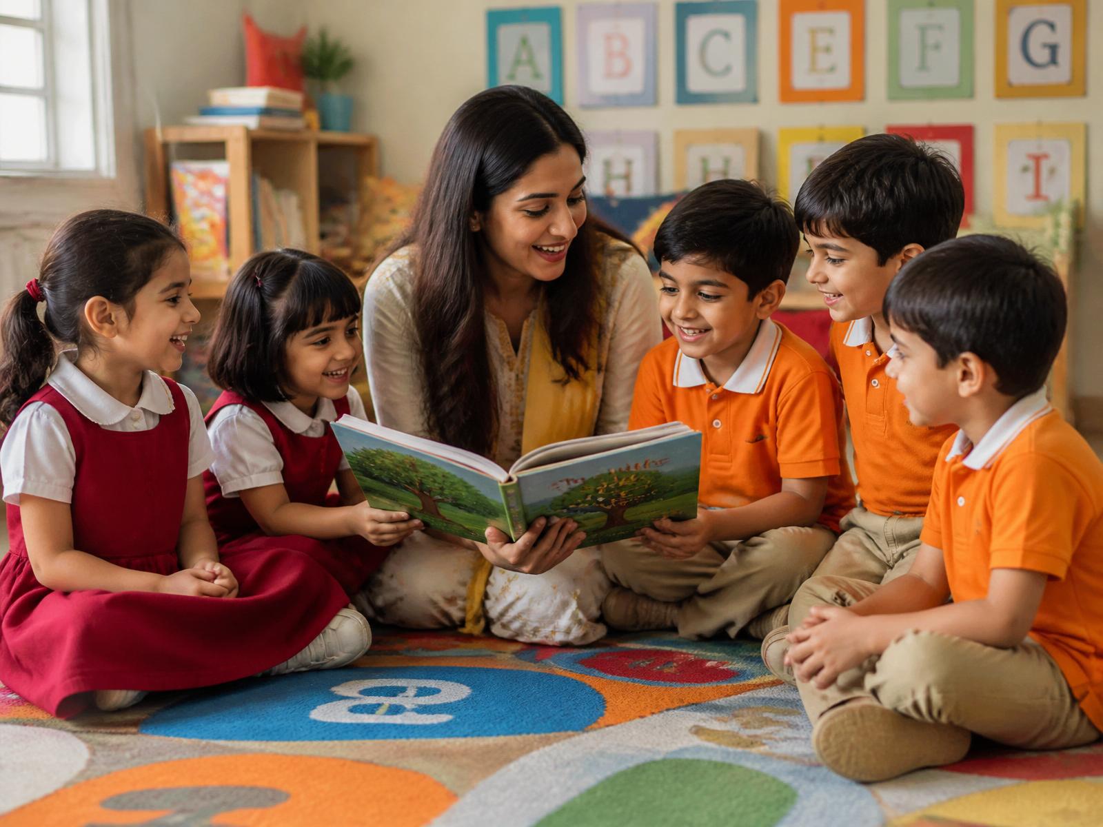 Early years students holding a colourful HELLO sign
