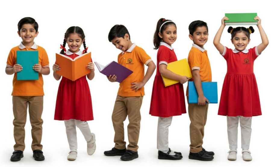 Mazen School students holding books