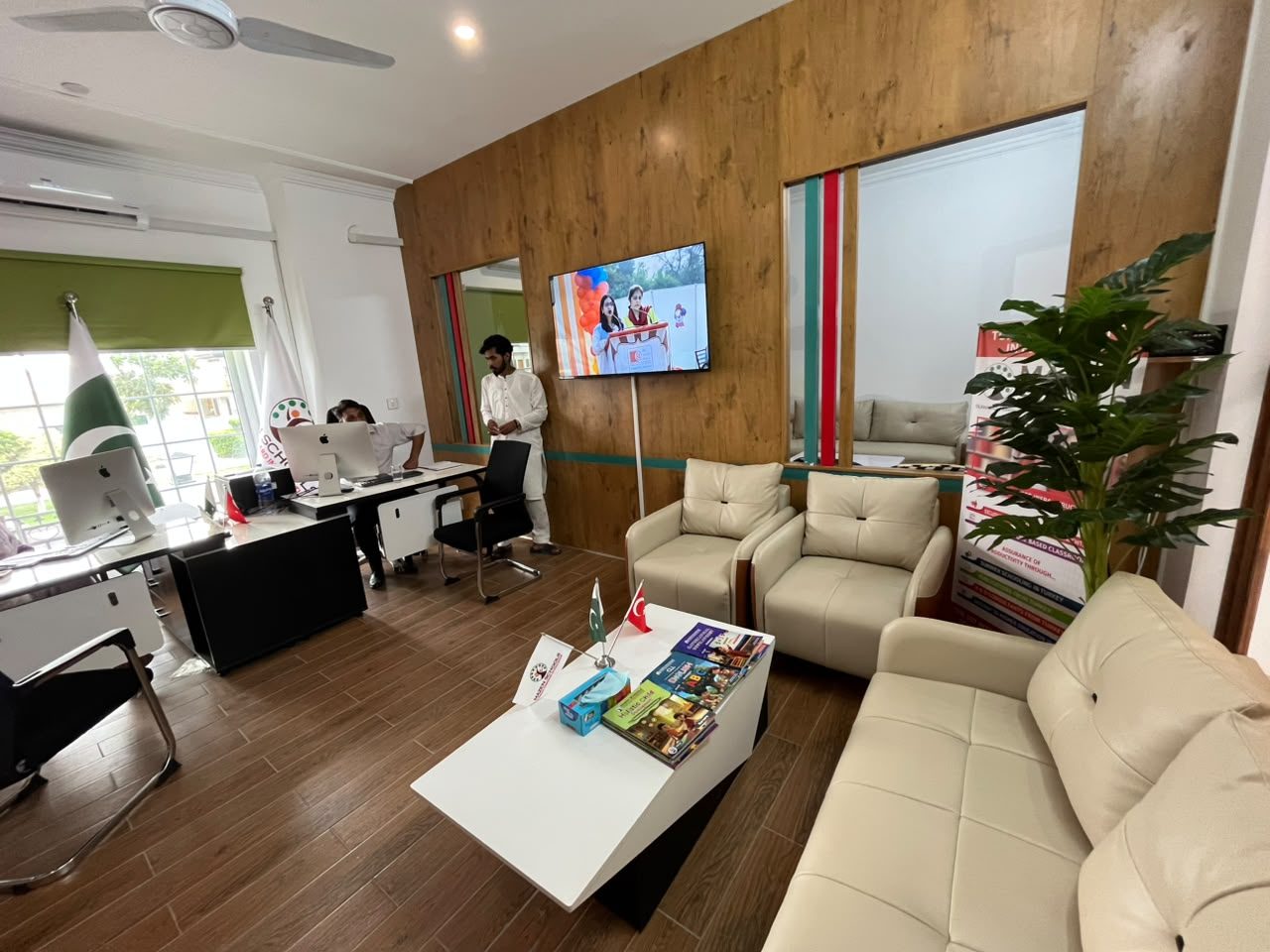 Reception and parent lounge with Türkiye and Pakistan flags at B-17 Campus