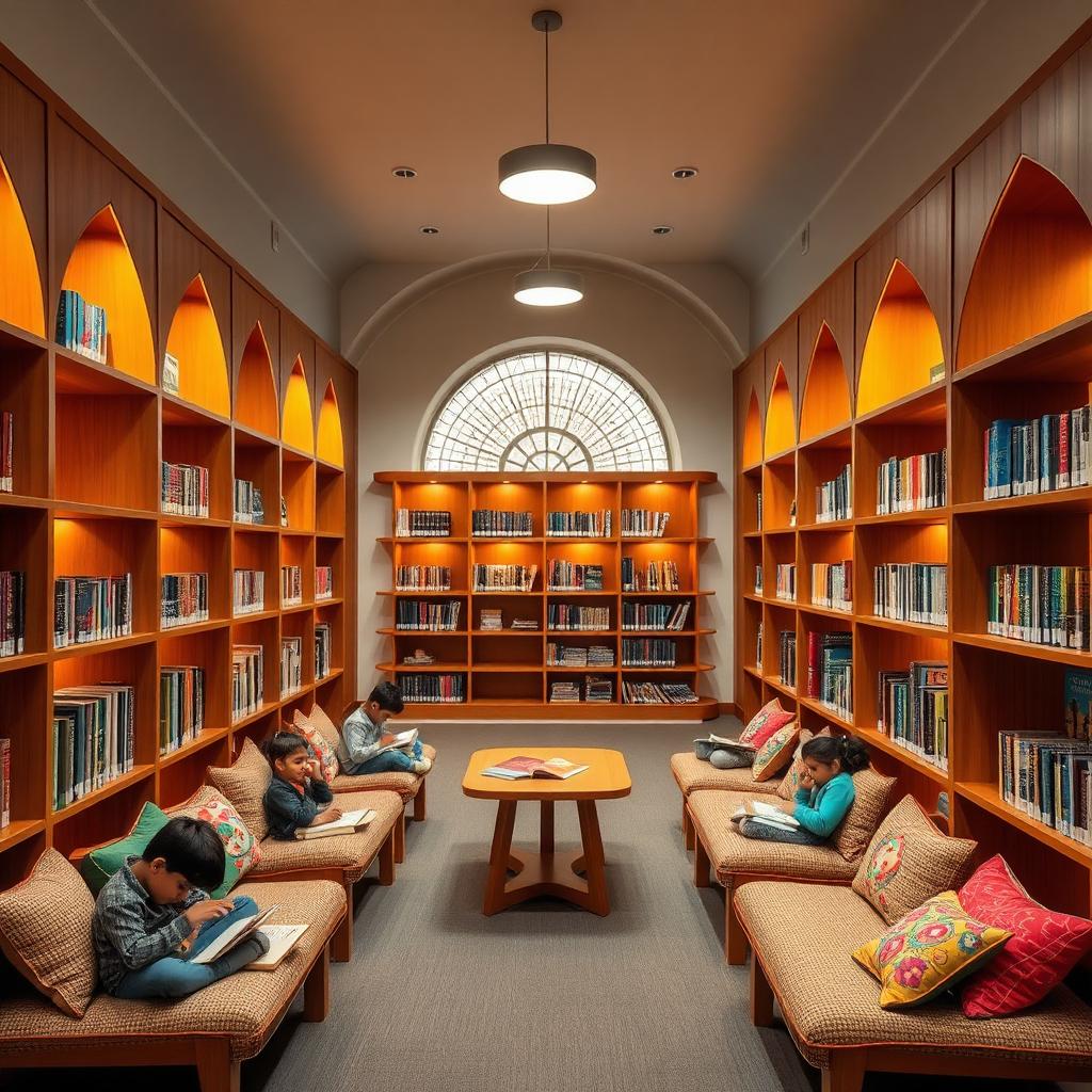 Warm, arched library with reading nooks at G-13 Campus