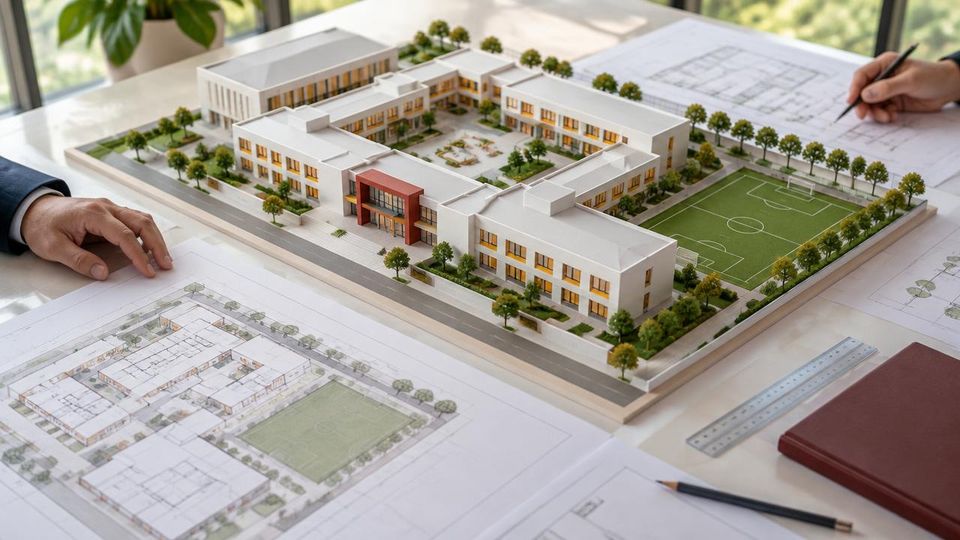 Illustrative school campus model with architectural plans, representing professional campus setup support